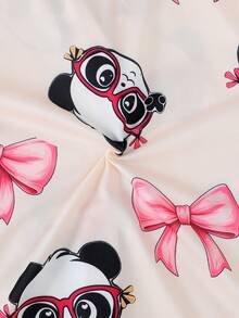 2pcs/Set Piyama Kasual Anak Perempuan Motif Panda dan Pita, Lengan Pendek dengan Kerah dan Celana Pendek, Cocok untuk Semua Musim - Aprikot - View 7