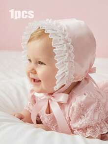 1pc Royal Style Pink Shiny Fabric Baby Bonnet, 0-3M 3-6M Months, Pink Satin Cotton - 1PC - View 12
