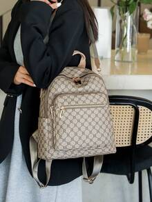 Women's Retro Backpack, New Fashion Versatile PU Plaid Student Shoulder Bag Travel Bag - Khaki - View 6