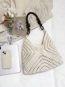 时尚手工草编单肩包，女士款 - 米色 - 查看 3