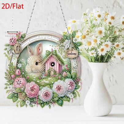 2D/Flat-1 Pc, Easter Bunny Theme Pattern - Acrylic Flat Diamond Painting Kit Decor, Suitable For Home & Garden Decoration | Window, Wall, Door Hanging Ornament Gift, Ideal For Beginners Adults DIY, Perfect For Easter, Birthday, Shines Brightly After Completion