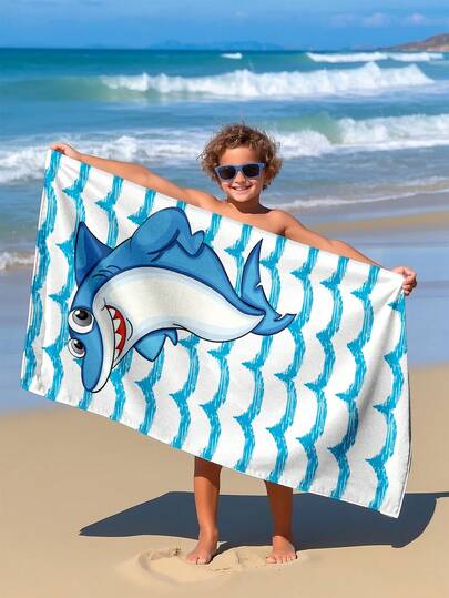 1pc Cute Cartoon Shark Wave Pattern Children's Beach Towel, Super Soft Microfiber Extra Large Beach Blanket, Super Absorbent Bath Towel, Suitable For Travel, Swimming Pool, Diving, Surfing, Yoga, Camping, Available In Multiple Sizes, Beach Accessories For Beach, Pool, Travel, Camping, Yoga