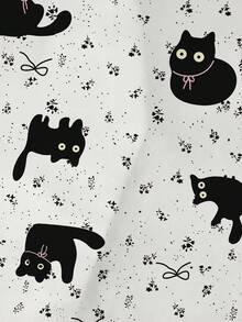 Conjunto de pijama casual para niña preadolescente, suave y amigable con la piel, con estampado lindo de gato negro, nuevo estilo infantil con top de manga corta y cuello tipo solapa, y shorts de cintura elástica holgada con dobladillo con volantes, estampado integral de gatitos negros y lazos, adecuado para uso diario de niñas preadolescentes y adolescentes - Blanco - Ver 9