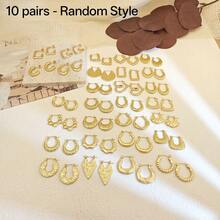 10/6/4 Pairs Stainless Steel Gold-Tone Earrings, Heart, Diamond, Round, Geometric Shapes, Vintage Fashion Earrings For Women. Random Assorted Styles, Hypoallergenic, Lightweight & Versatile, Suitable For Casual Daily Wear, Girls Jewelry Gift. - Gold - View 10