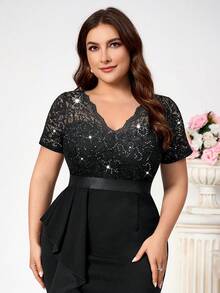 Plus V Neck Sequin Lace Bodice Contrast Ruffle Split Thigh Hem Evening Party Bodycon Dress, Work Business Dress, Semi Formal Wedding Guest Dress, For Birthday, Graduation And Date Night - 黑色 - 查看 8