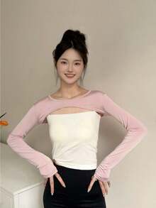 1pc Women Lightweight Viscose Black Versatile Asymmetrical Shoulder Sleeve Short Cover Up, Slim Fit Layering Long Sleeve Sexy Collar Cover Up - Black - View 13