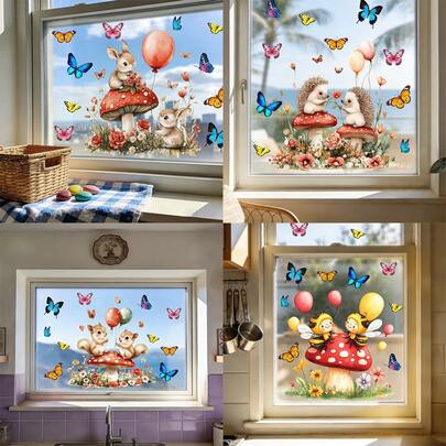 1/4 Set Fairy Tale Style Red Mushroom, Rabbit And Flower Window Stickers, Reusable PVC Static Cling Animal Decals, Suitable For Kids Room, Balcony, Garden And Home Glass Decoration