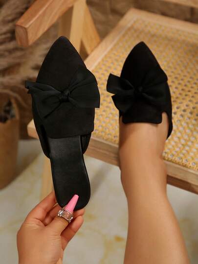 Wide Fit Women's Solid Color Pointed Toe Slip-On Shoes, Casual Fashion Peep Toe Slides, Soft Sole Oversized Women Shoes For Daily Wear, Spring & Autumn, Black