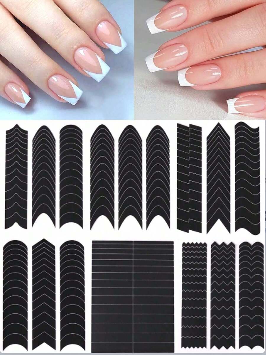 6pcs Hollow French Manicure Stickers, Airbrush Painting Stencil Auxiliary Tools, French Manicure Stickers With Asymmetrical Line Patterns, Nail Art Decorations - Black - View 1