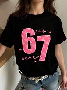 Tween Girl Numeric Print Casual Loose Fit Short Sleeve Round Neck T-Shirt - Suitable For Spring/Summer School And Outdoor Wear - Black - View 10