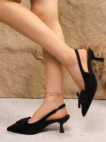 Sandalias de tacón alto con punta puntiaguda y lazo elegante para mujer, de verano - Negro - Ver 5