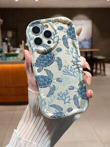Cream Textured Wavy Edge Glossy Painted Sea Turtle Protective Phone Case Compatible With IPhone/ Galaxy / / - Multicolor - View 1