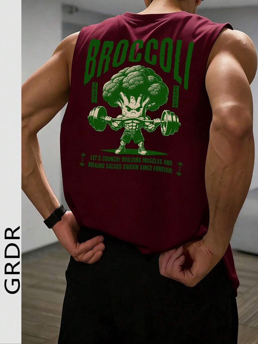 GRDR 男士夏季西兰花和哑铃印花休闲圆领背心 - 酒紅色 - 查看 1