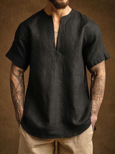 Men's Summer Vintage Deep V-Neck Short Sleeve Semi-Sheer Solid Color Breathable Short Sleeve Traditional Clothing