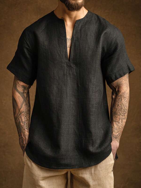 Men's Summer Vintage Deep V-Neck Short Sleeve Semi-Sheer Solid Color Breathable Short Sleeve Traditional Clothing