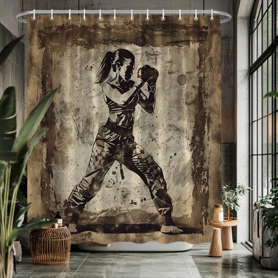 1pc Female Boxer Fighting Stance Shower Curtain - Vintage Grunge Boxing Theme With Female Boxers & Punching Design, -Fade, Machine Washable Bathroom Decor (59x70.8/70.8x70.8/70.8x78.7/90.5x70.8in) - Boxing Room - Nhiều màu - Xem 1