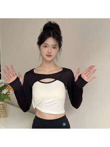 1pc Women Lightweight Viscose Black Versatile Asymmetrical Shoulder Sleeve Short Cover Up, Slim Fit Layering Long Sleeve Sexy Collar Cover Up - Black - View 14