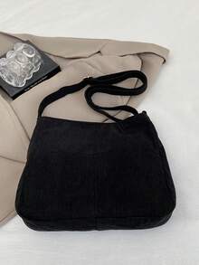 New Large Capacity Velvet Shoulder Bag, Casual Crossbody Bag, Cloth Bag, Commuting Travel Cloth Bag, College Student Bag - Black - View 7