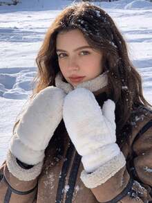 1 双女士冬季连指手套，超保暖加厚抓绒内衬，可爱简约白色，学生时尚保暖手套 - 彩色 - 查看 2