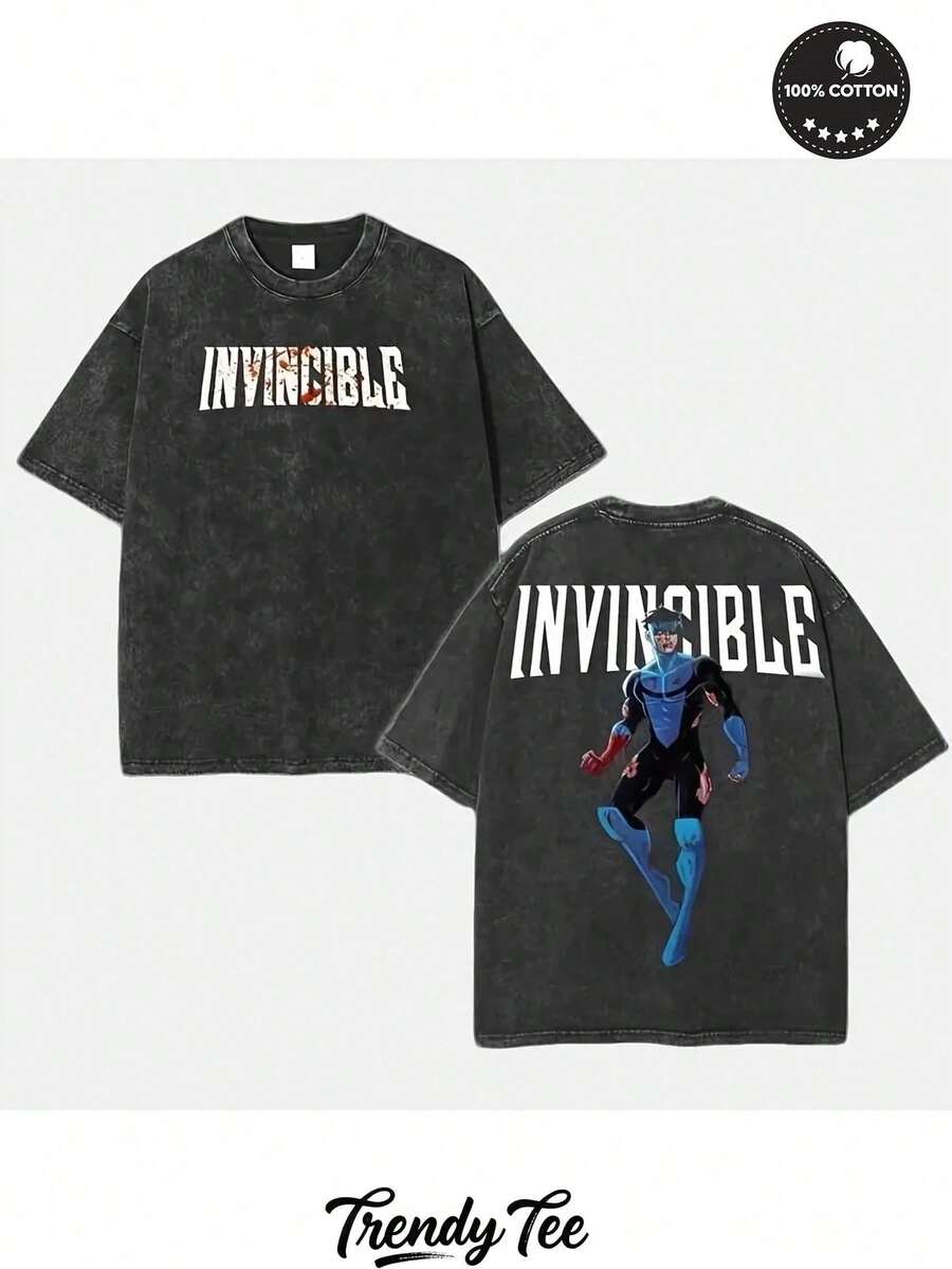 230G Washed Pure Cotton T - Shirt, Men'S Casual Fashion, With  INVINCIBLE  Anime Character Print, Outdoor Sports T - Shirt     Loose Fit     Soft Knitted T - Shirt.Jpg - 黑色 - 查看 1