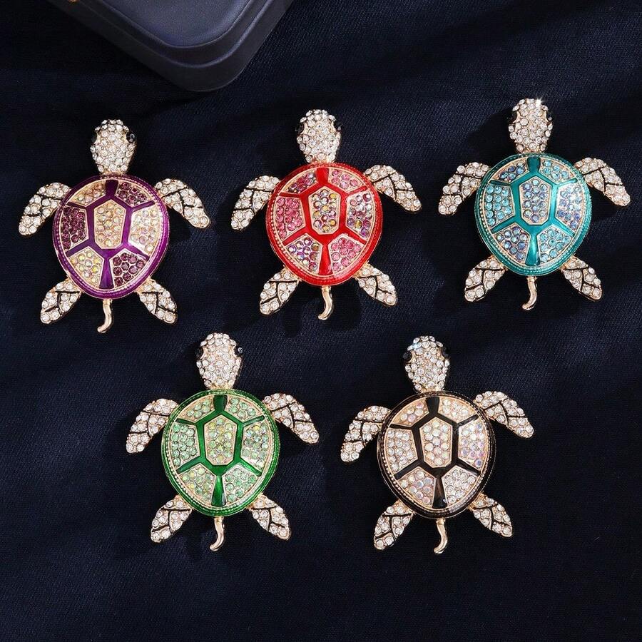 Cute Sparkly Rhinestone Turtle Brooch - Multi-Color Fashion Accessory Pin Gift For Women, Gold-Toned Frame With Sparkling Crystal Inlay, Ideal Accessory For Daily Outfits, Gifts For Ocean & Fashion Enthusiasts & Stylish Decor - 藍色 - 查看 1