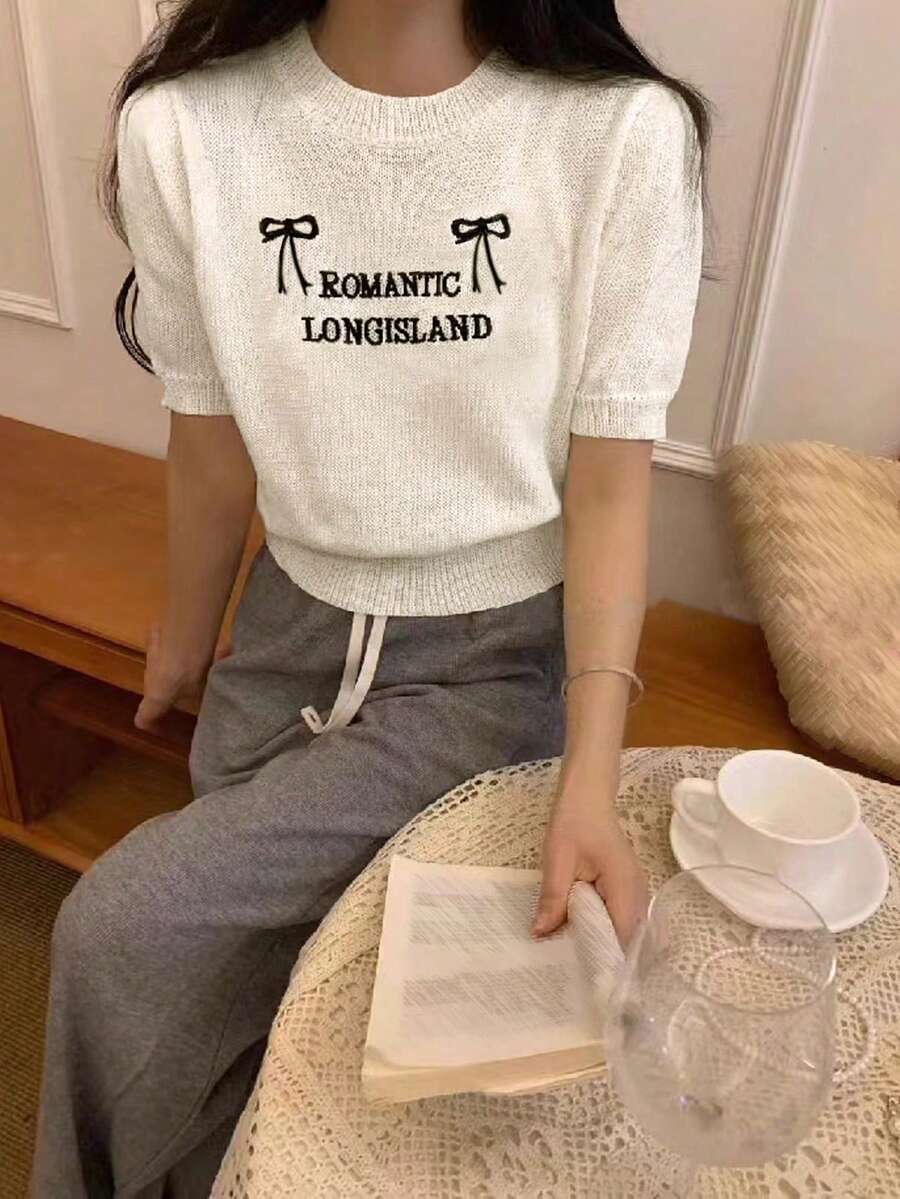 女士休闲日常刺绣针织毛衣，夏季 - 白色 - 查看 1