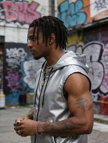 男士金属质感PU皮革无袖连帽拉链背心，街头风 - 銀色 - 查看 4