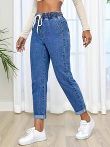 Pantalones 3/4 de denim elástico 9635-1#, casuales y versátiles, bajo enrollado, cintura elástica cómoda con cordón, pantalones cortos de denim para primavera - azul medio - Ver 3