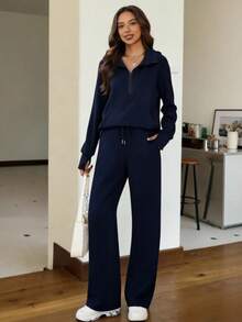 Casly Lamiit Women's 2 Piece Outfits St. Patrick's Day Green Lounge Set 2025 Oversized Chic Half Zip Sweatshirt Wide Leg Sweatpant Set Sweatsuit Tracksuit Going Out Outfits - Màu xanh hải quân - Xem 1