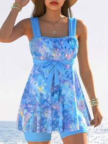 New Fashion Swimsuit With Slit, Two-Piece Swimsuit For Women, Tropical Solid Color Printed Swimsuit - 藍色 - 查看 2