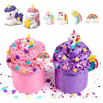 梦幻独角兽史莱姆套装，包含2罐彩色史莱姆和独角兽装饰物，质地柔软，可反复塑形，适合儿童室内外玩耍、生日派对、亲子出游、节日礼物、益智互动玩具、儿童减压玩具、挤压玩具、儿童感官玩具，是理想的生日和节日礼物。