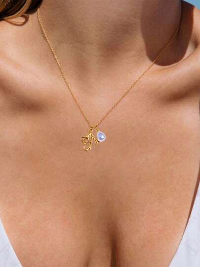 1pc Stainless Steel Waterproof Non-Fading Gold-Color Ocean Life Coral Shell Pearl Beach Necklace Choker, Suitable For Women's Daily Wear