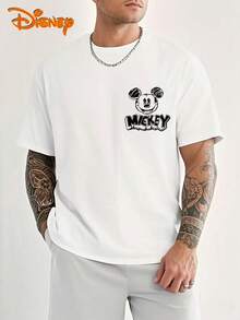 Disney A High-Quality 100% Pure Cotton Summer Men's T-Shirt With Mickey Mouse Portrait Print Pattern, Suitable For Various Styles Such As American Streets, Casual Daily Life, Etc - White - View 3
