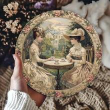 2D Graphic Design, 1 Piece 2D Graphic Printed Metal Iron Sign, Victorian Garden Tea Party Theme, 8x8inch Round Retro Decorative Wall Art, Elegant Lady And Garden Scene, Suitable For Tea Room, Study, Restaurant And Cafe Decoration, Handicraft Tools And Materials, 2D Graphic Version - Multiple - View 2