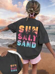 Tween Girls Casual Graphic Print Crew Neck Short Sleeve T-Shirt, Summer Top - Dark Grey - View 3