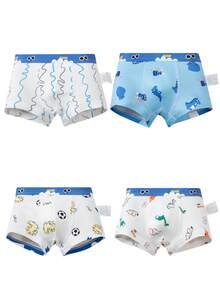4件套男童卡通印花内裤，学生妹内衣，小男孩恐龙、足球、月亮图案三角裤套装 - 藍白色 - 查看 2