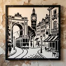 1 件复古城市天际线场景绘画模板，用于家居装饰，可重复使用的欧洲街景，带有电车和钟楼，可在墙壁、画布、玻璃等上绘画，DIY 艺术工艺品。 - 單件 - 查看 7