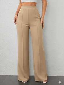 Pantalón Wide  Elegante Con Pinzas Frontales Y Tiro Alto - Pantalón De Vestir Formal Pierna Ancha Para Mujer. Pantalón Sastre De Cintura Alta Que Estiliza La Figura. Calidad Premium Garantizada. - Beis - Ver 1