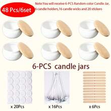 48件/6套完整DIY蜡烛制作套装，包含2.2盎司白色哑光金属罐（带木纹盖）——6个罐子、6个支架、16根烛芯和20张贴纸——无蜡手工材料，适用于香薰蜡烛/清洁燃烧蜡烛，家居装饰收纳容器 - 白色 - 查看 9