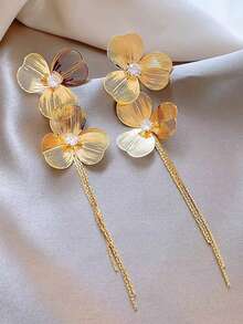 一对花朵流苏耳环，夸张金属材质，简约别致的高端耳环设计 - 金黃色 - 查看 2