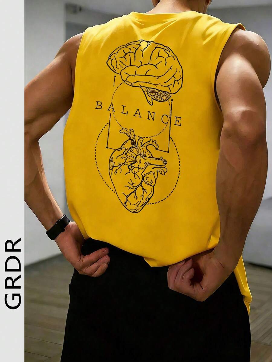 GRDR 男士夏季印花圆领休闲背心 - 黃色 - 查看 1