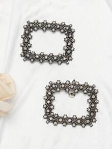 2 piezas de hebillas de metal con diamantes de imitación negras cuadradas de lujo y moda versátiles y desmontables para zapatos - Negro - Ver 6