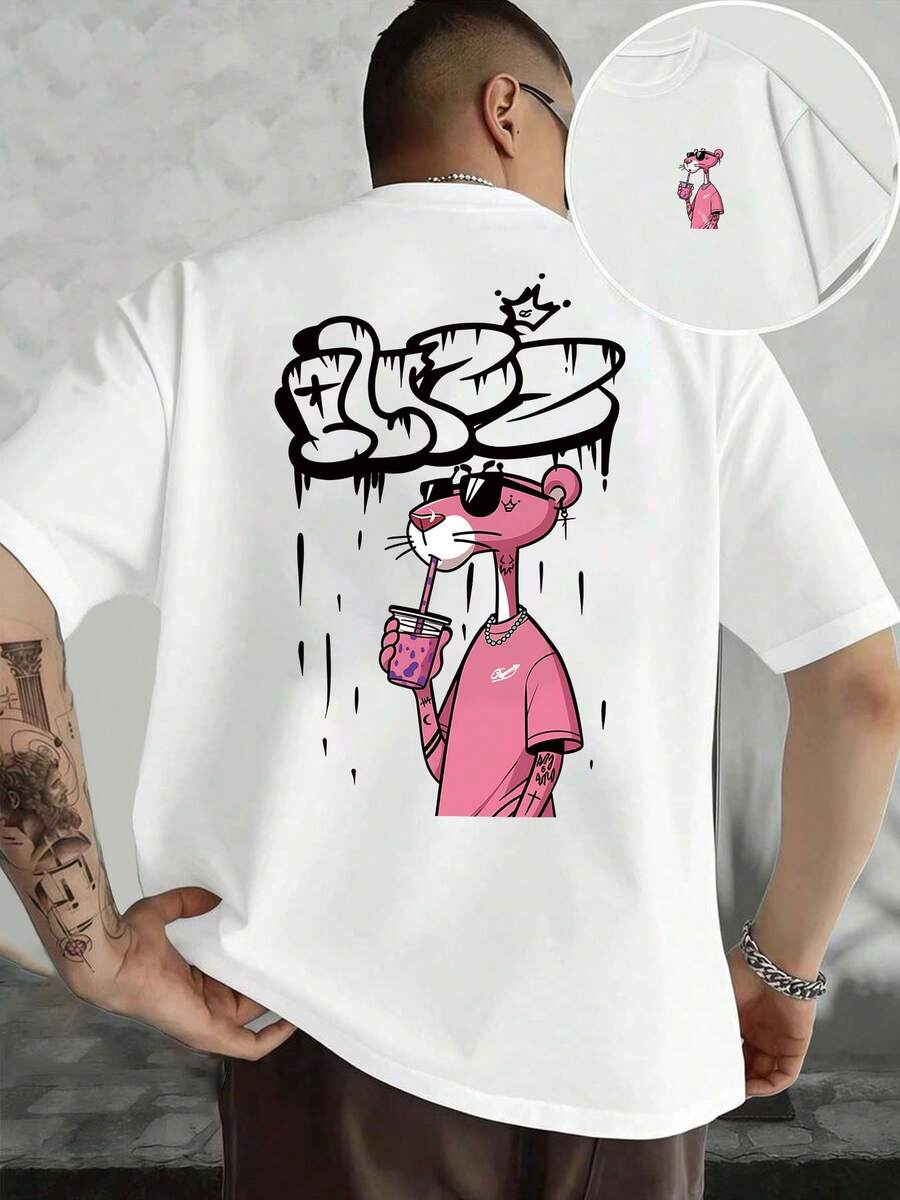 Men's Summer Pure Cotton Short Sleeved T-Shirt With Cartoon Pink Panther Pattern Printed On The Back, 200g High-Quality Pure Cotton Short Sleeved T-Shirt, Soft And Breathable, Round Neck Design, Suitable For Both Men And Women, Can Be Worn All Year Round, Music Festival, Daily Casual Street Style, A Must-Have For Pink Panther Enthusiasts, And The Best Gift For Friends - 白色 - 查看 1
