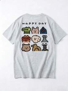 女士宽松圆领短袖字母卡通印花T恤，春夏款 - 淺花灰 - 查看 4