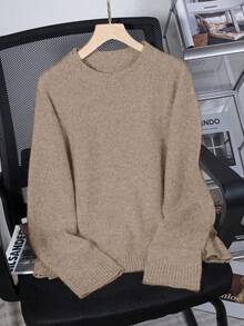 Jersey de punto casual de cuello redondo gris para mujer - Camel - Ver 3