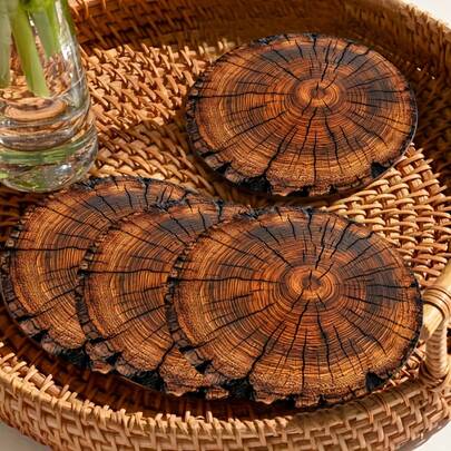 4pcs Rustic Wooden Tree Ring Pattern Coasters, Fashionable Home Decor Round Wooden Placemats, Non-Slip Heat-Resistant Easy To Clean Design For Kitchen, Dining Room, Office, Cafe, Perfect Gift For Friends, Family, Girlfriend