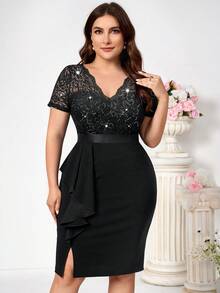 Plus V Neck Sequin Lace Bodice Contrast Ruffle Split Thigh Hem Evening Party Bodycon Dress, Work Business Dress, Semi Formal Wedding Guest Dress, For Birthday, Graduation And Date Night - 黑色 - 查看 5