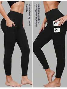 1pc Spring/Summer Seamless Multi-Pocket High Capacity Yoga Leggings, Popular Bestselling Sports Exercise Outdoor Travel Minimalist Capri Pants, Suitable For All Seasons - Black - View 5