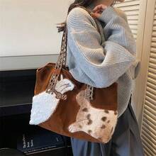 1个秋冬季毛绒“猫咪对话”刺绣手提包，时尚大容量单肩包，女士款 - 彩色 - 查看 7