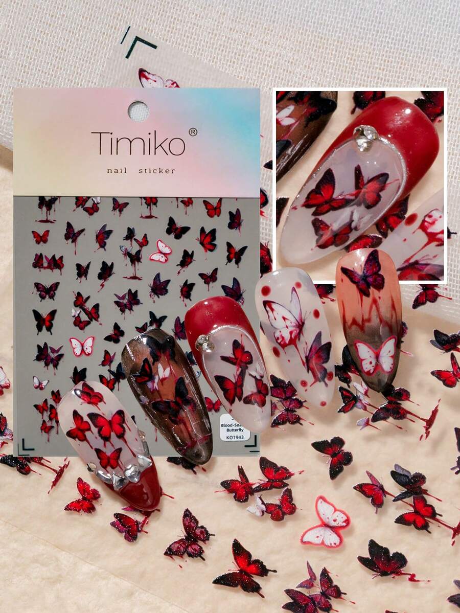 1pc Gothic Style Nail Art Sticker, Featuring Red-Black Gradient Butterflies With "Blood Stain" Effect And Hollow Blood Vein Butterflies, Creating A Broken And Mysterious Aesthetic, Suitable For Personalized And Niche Dark Style Manicure - Multicolor - View 1